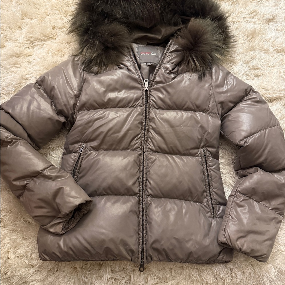 Duvetica Shiny Gray Puffer Jacket with Fur Hood